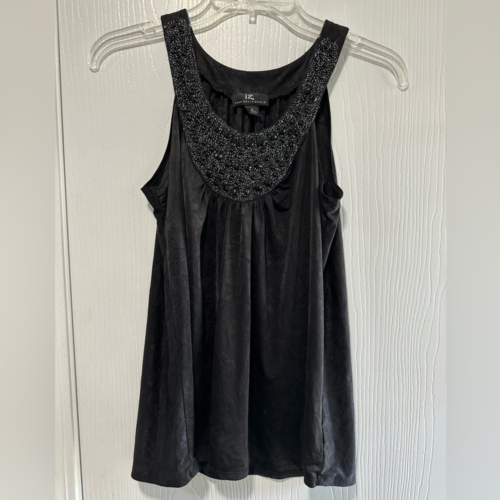 IZ over California women’s black beaded silky blouse size S - great condition